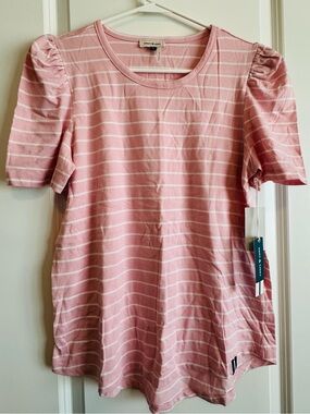 COURT & ROWE Pink and White Striped Puff Sleeve Tee